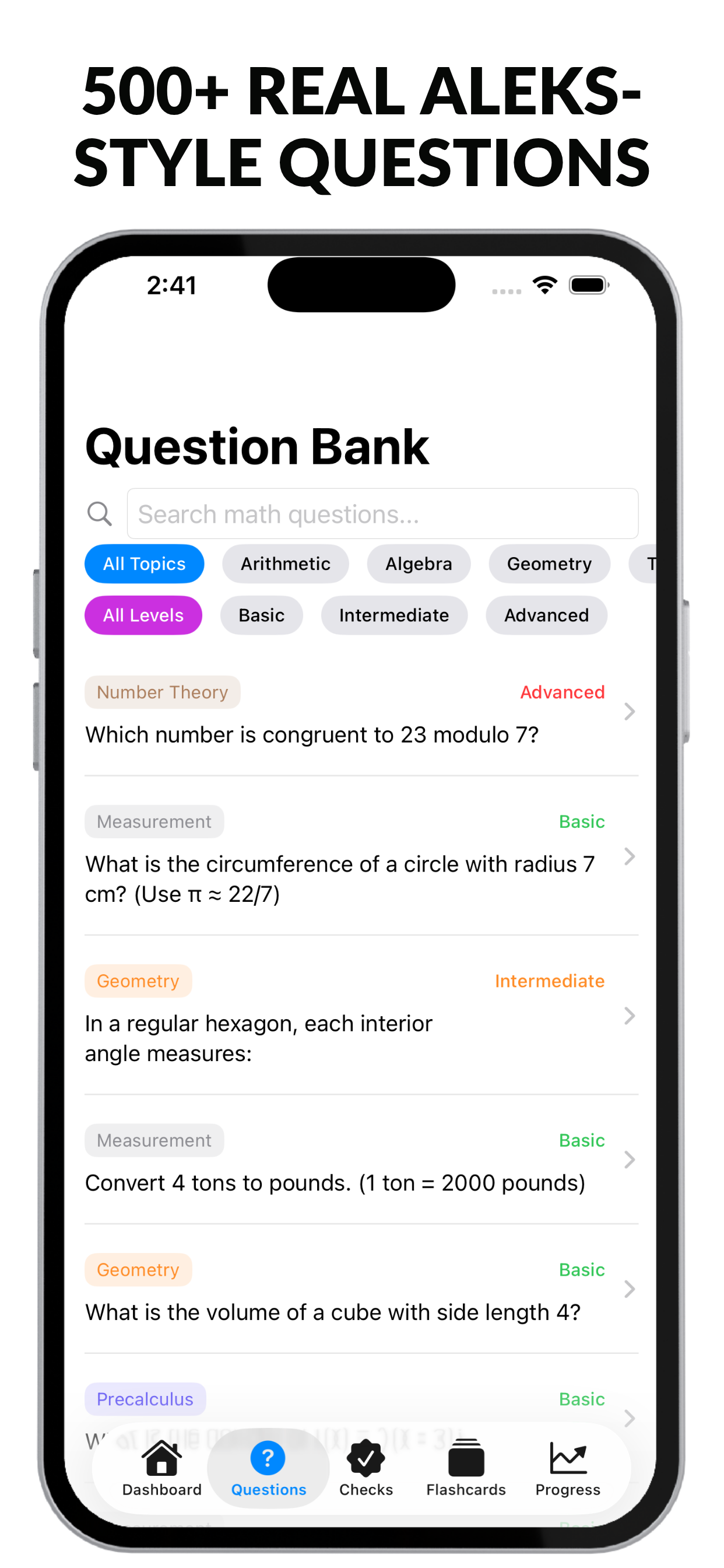 ALEKS diagnostic test showing question types