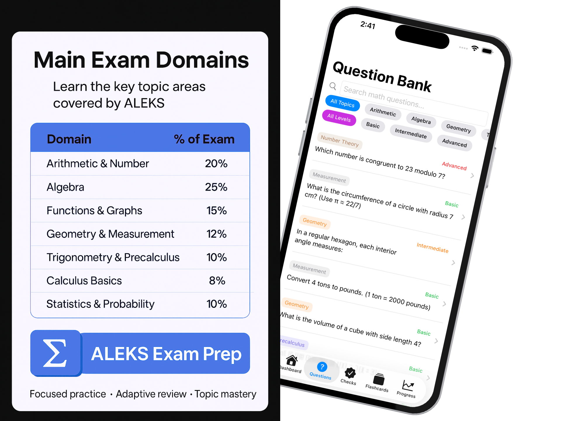 ALEKS Math Test Prep app interface showing practice questions and explanations